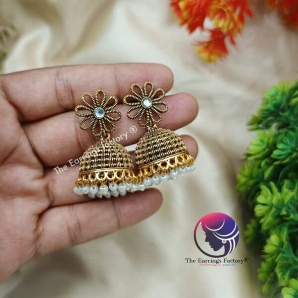 Traditional Floral Silver | Golden stone Jhumka - Image 3
