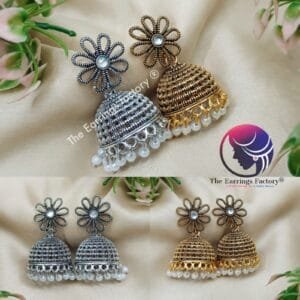Traditional Floral Silver | Golden stone Jhumka