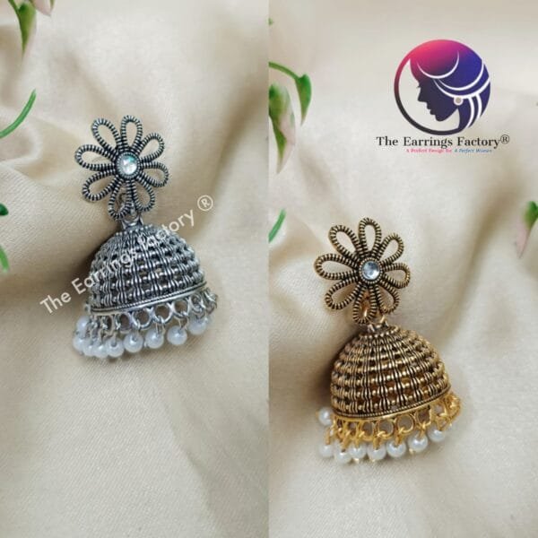 Traditional Floral Silver | Golden stone Jhumka - Image 2