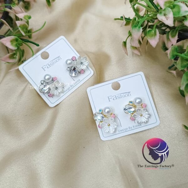 Trending Korean Stylish Silver | Golden Floral Stone Pearl Studs
