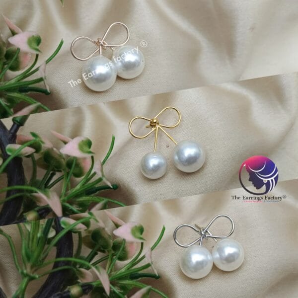 Western Silver | Golden | Rose Golden Bow Pearl Stud Earring - Image 2