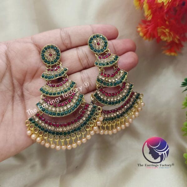 Traditional Golden Multi Stone 4 layer Long Earrings - Image 3
