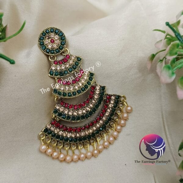 Traditional Golden Multi Stone 4 layer Long Earrings - Image 2