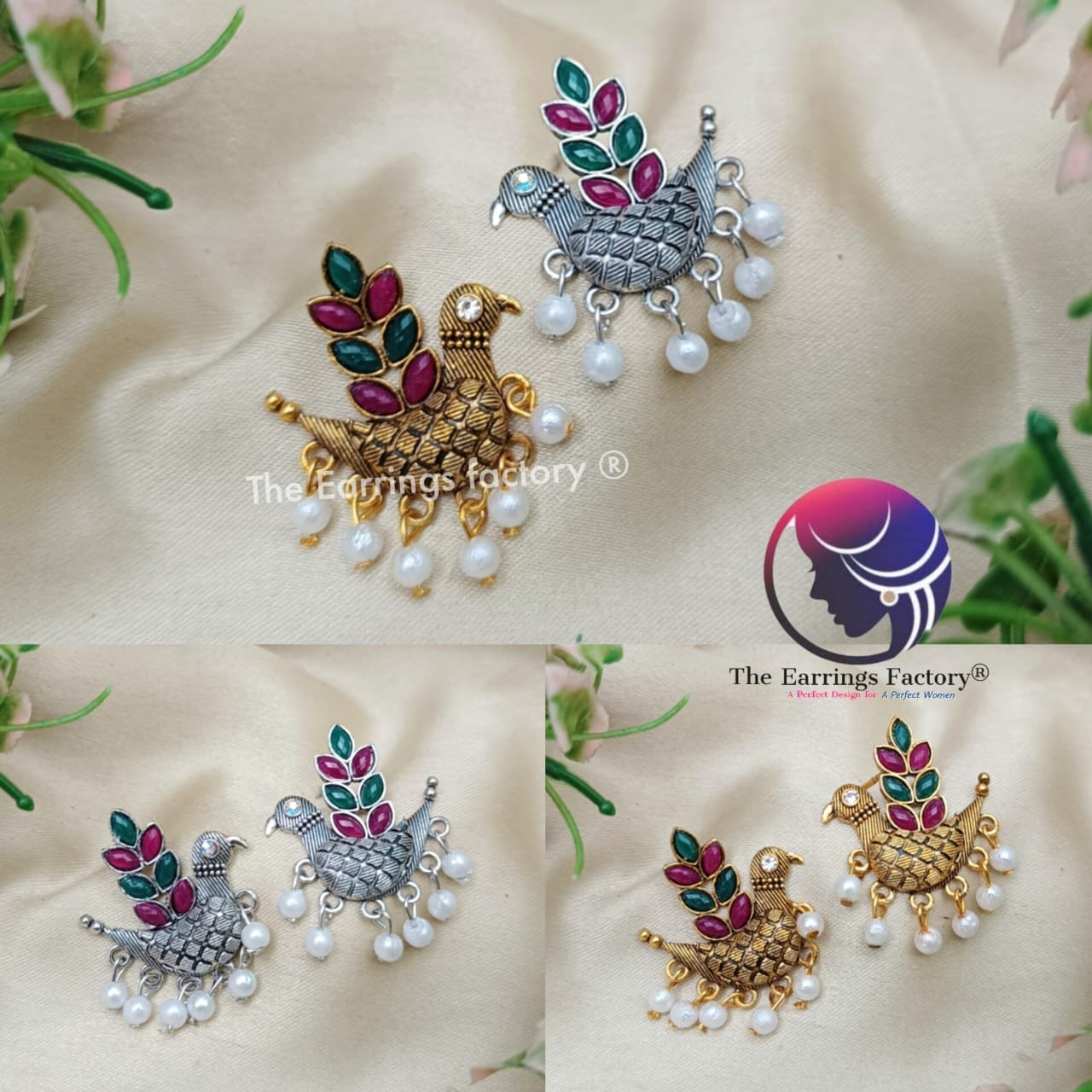 Traditional Golden | Silver Multi Stone Bird earrings