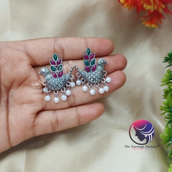 Traditional Golden | Silver Multi Stone Bird earrings - Image 3