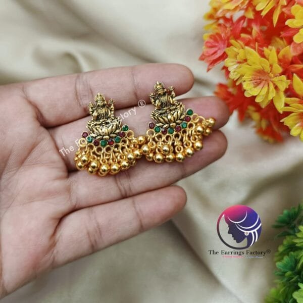 Traditional Golden | Silver Metal Beads Lakshmi Temple earrings - Image 3
