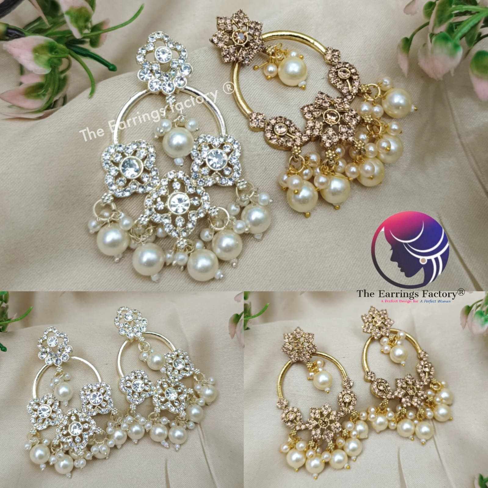 Party Wear Golden | Silver Stone Pearl Earrings
