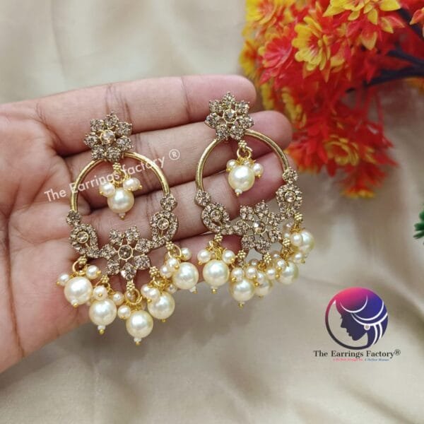 Party Wear Golden | Silver Stone Pearl Earrings - Image 3