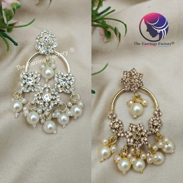 Party Wear Golden | Silver Stone Pearl Earrings - Image 2