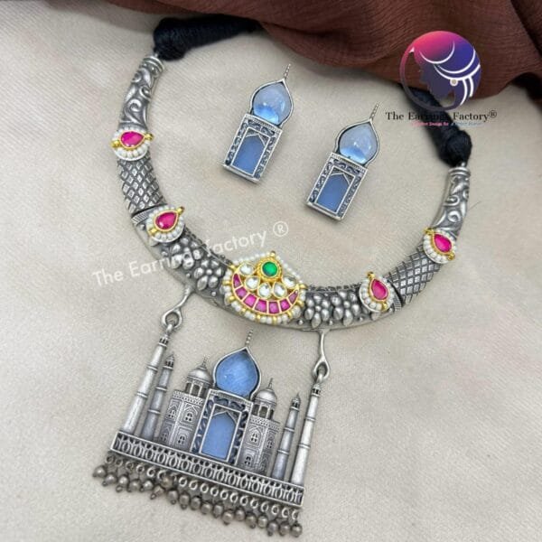 Premium German Silver Tajmahal Neckset With Earrings