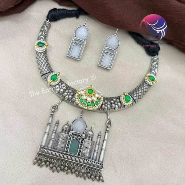 Premium German Silver Tajmahal Neckset With Earrings