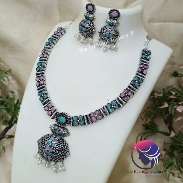 Premium Oxidized Stone Neckset With Earrings - Image 2