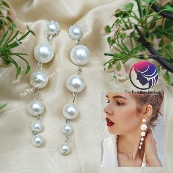 Stylish Korean White Pearl Drop Silver long Earrings