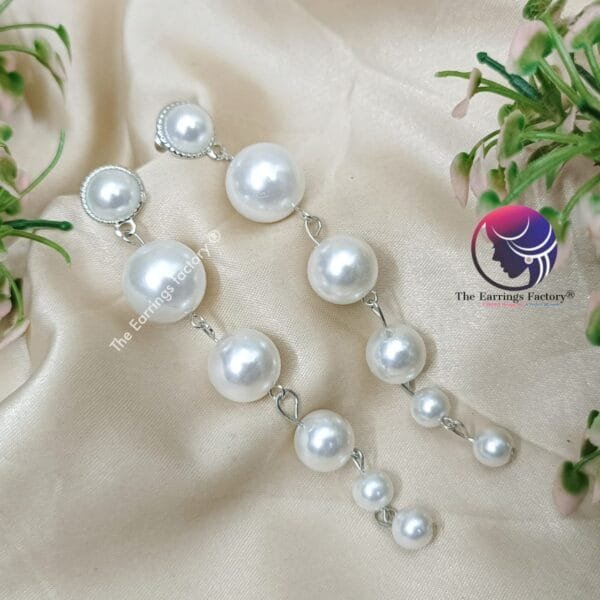 Stylish Korean White Pearl Drop Silver long Earrings - Image 4