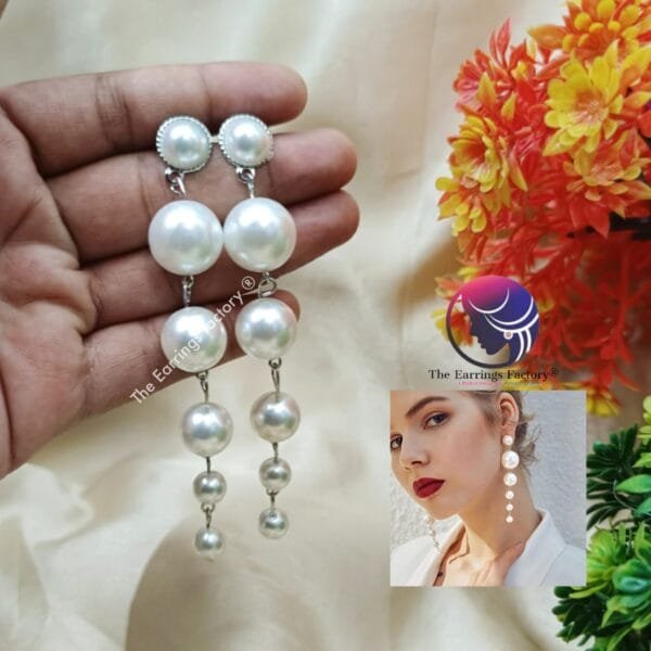 Stylish Korean White Pearl Drop Silver long Earrings - Image 3