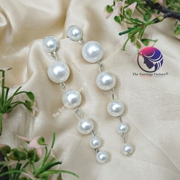 Stylish Korean White Pearl Drop Silver long Earrings - Image 2