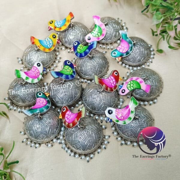 Trending Oxidized Bird Meenakari Silver Jhumka - Image 2