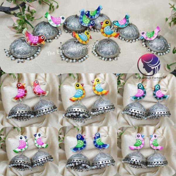 Trending Oxidized Bird Meenakari Silver Jhumka