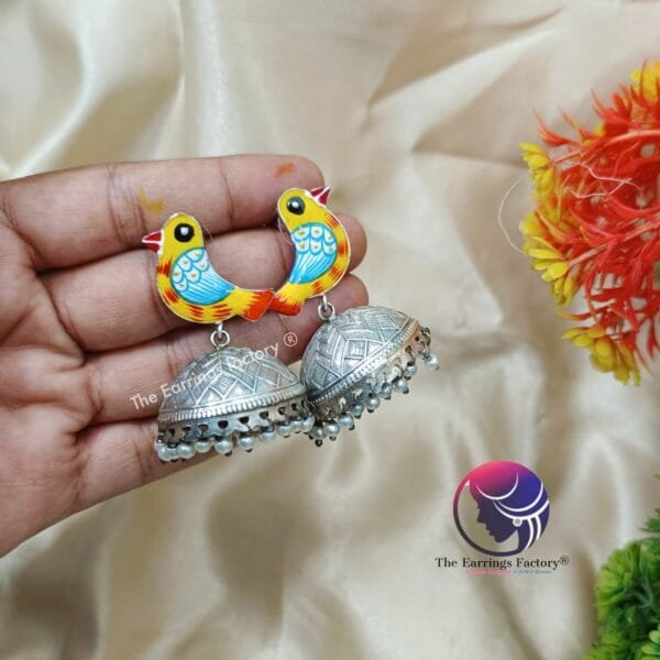 Trending Oxidized Bird Meenakari Silver Jhumka - Image 4