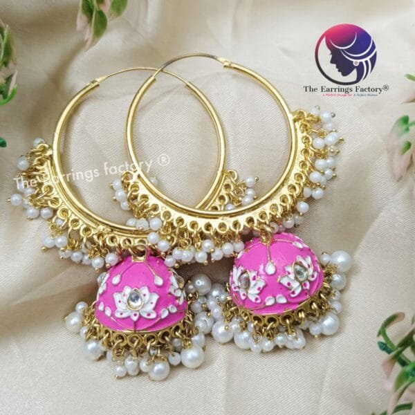 Trending Meenakari Golden Hoop Ring Pearl Bali Jhumka - Image 3