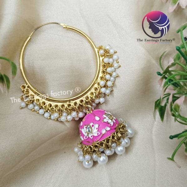 Trending Meenakari Golden Hoop Ring Pearl Bali Jhumka - Image 2