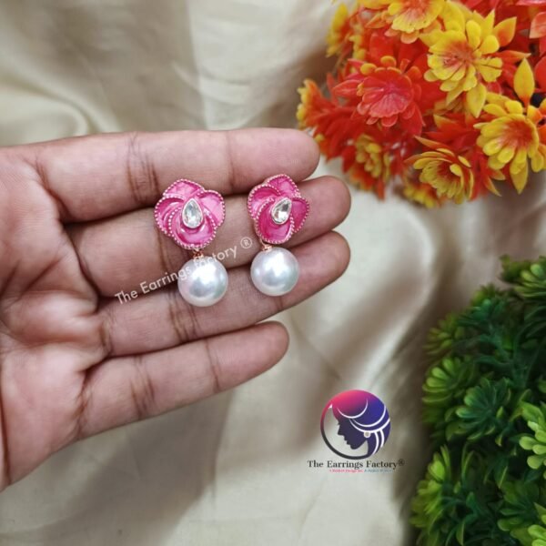 Western Rose Gold Floral Pearl Ball Drop Earrings - Image 3