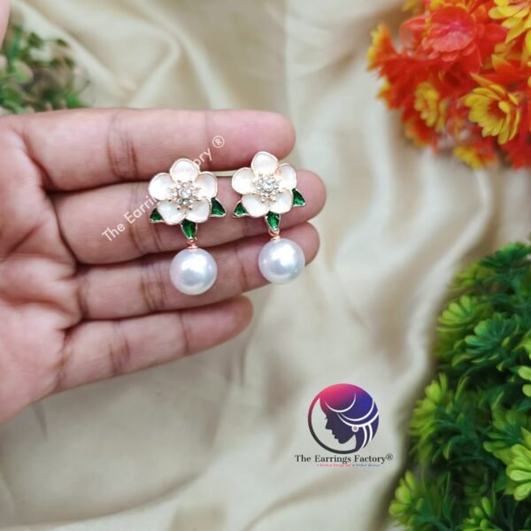Western Rose Gold Floral Pearl Ball Drop Earrings - Image 3