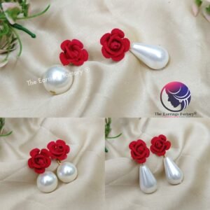Western Red Rose White Pearl Drop Earrings