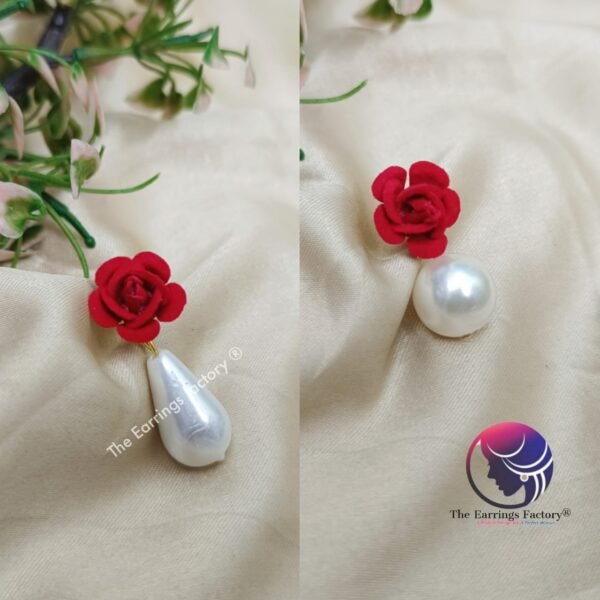 Western Red Rose White Pearl Drop Earrings - Image 2