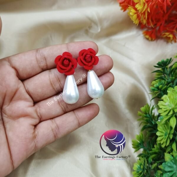 Western Red Rose White Pearl Drop Earrings - Image 3