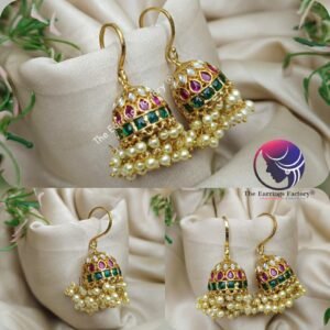 Traditional Antique Kemp Stone Pearl Beads Hook Jhumka