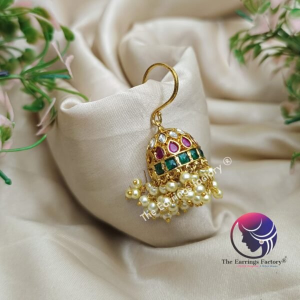 Traditional Antique Kemp Stone Pearl Beads Hook Jhumka - Image 2