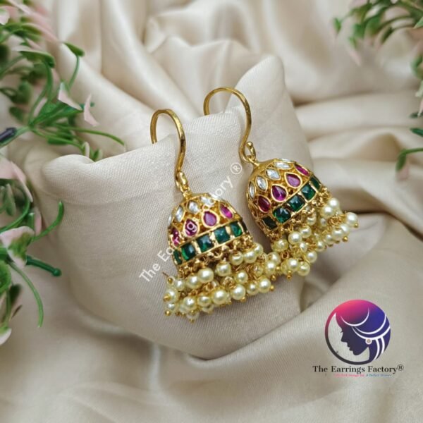 Traditional Antique Kemp Stone Pearl Beads Hook Jhumka - Image 3