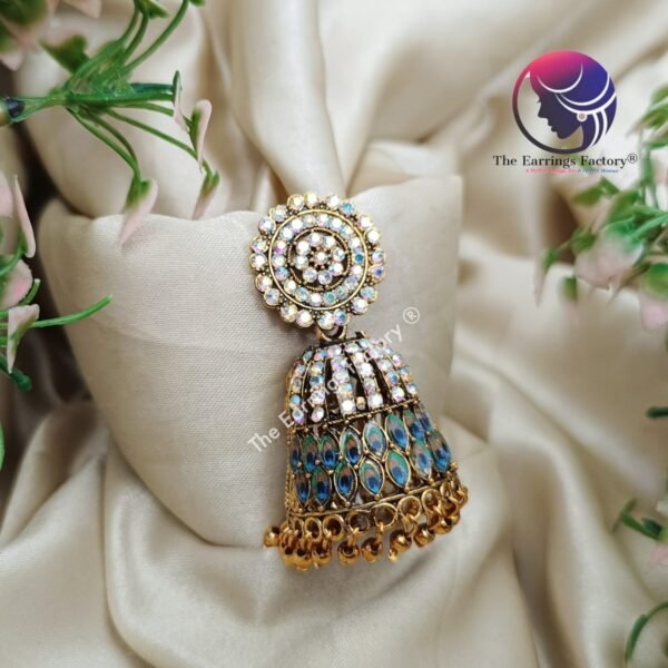 Traditional Golden Blinking Stone Peacock  Jhumka - Image 2