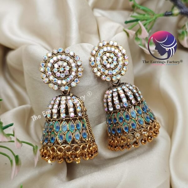 Traditional Golden Blinking Stone Peacock  Jhumka - Image 3