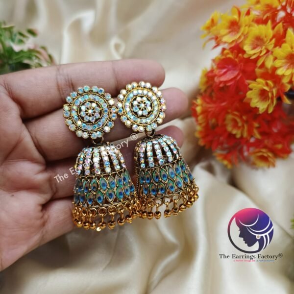 Traditional Golden Blinking Stone Peacock  Jhumka - Image 4