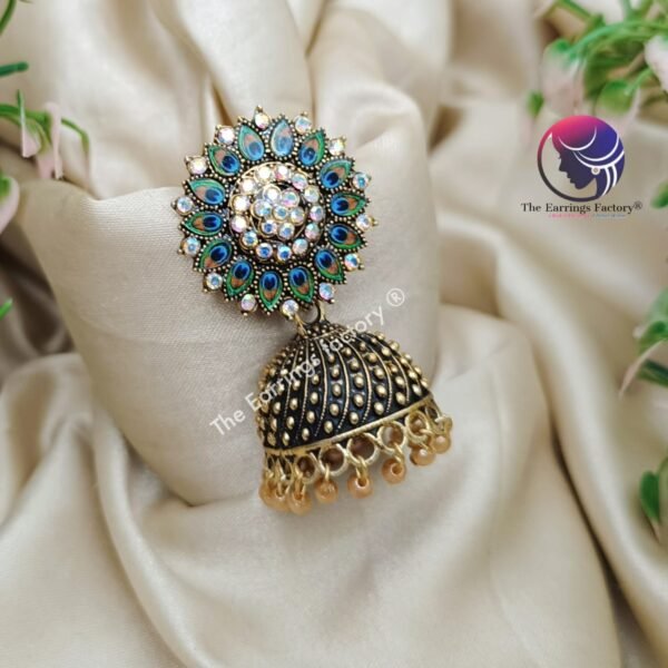 Traditional Golden Blinking Stone Peacock  Jhumka - Image 3