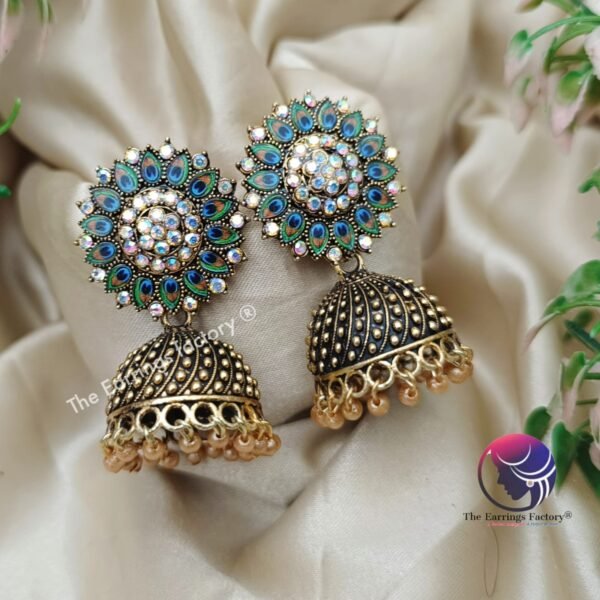 Traditional Golden Blinking Stone Peacock  Jhumka - Image 4
