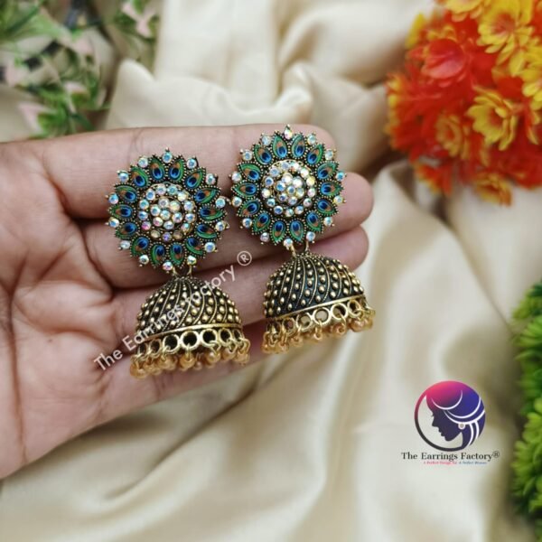 Traditional Golden Blinking Stone Peacock  Jhumka - Image 2