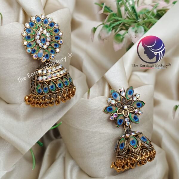 Traditional Golden Blinking Stone Peacock Jhumka - Image 2