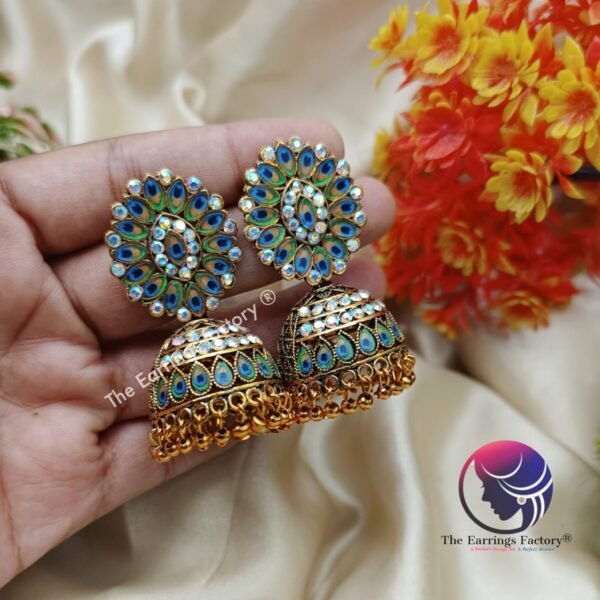 Traditional Golden Blinking Stone Peacock Jhumka - Image 3