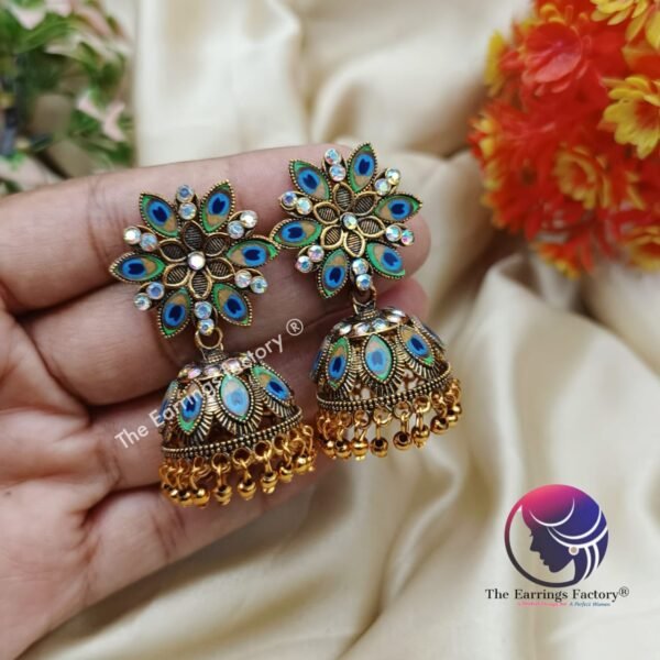 Traditional Golden Blinking Stone Peacock Jhumka - Image 4