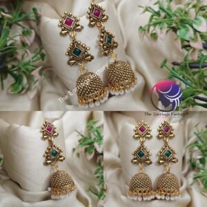 Traditional Golden Multi Stone Long Jhumka