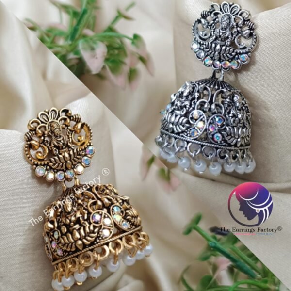 Traditional Lakshmi Golden | Silver Blinking Stone Temple Jhumka - Image 2
