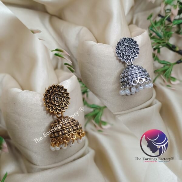 Traditional Floral Silver | Golden Jhumka - Image 2