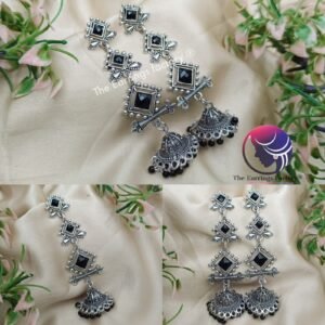 Traditional Silver Black Stone Long Jhumka