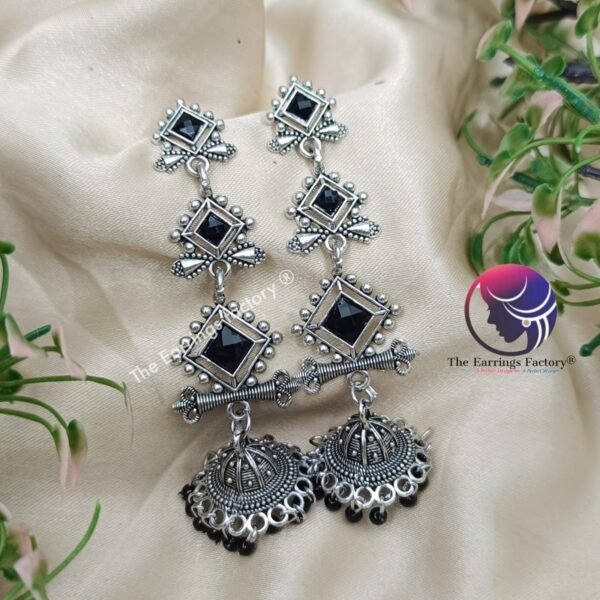 Traditional Silver Black Stone Long Jhumka - Image 3