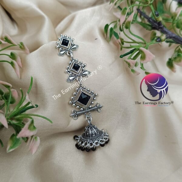 Traditional Silver Black Stone Long Jhumka - Image 2