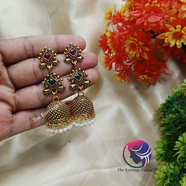 Traditional Golden Multi Stone Long Jhumka - Image 4
