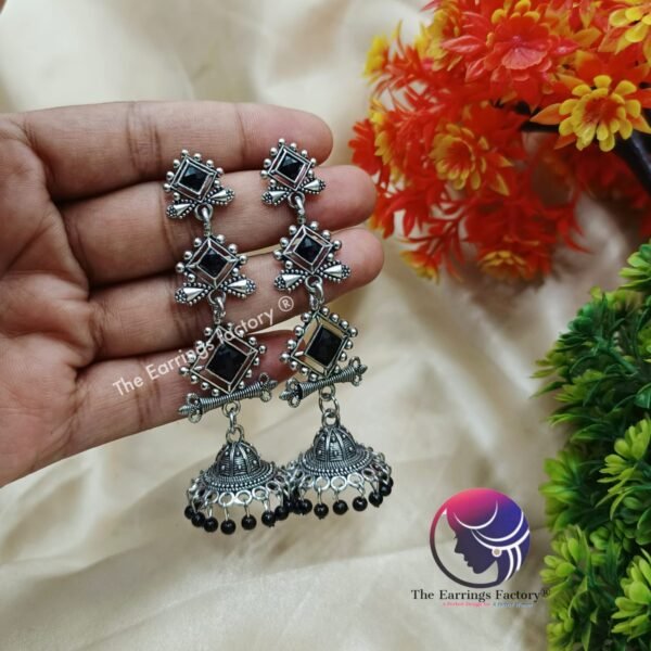 Traditional Silver Black Stone Long Jhumka - Image 4